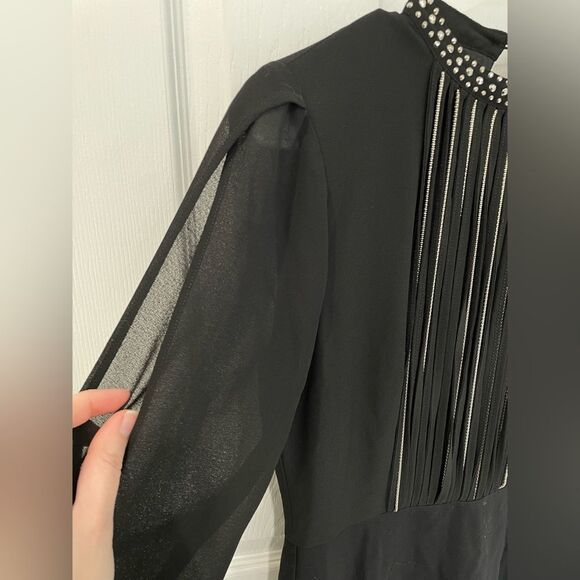 Black Rhinestone Beaded Fringe Front Split Sleeve Mini Dress Women’s Size S - Picture 5 of 9